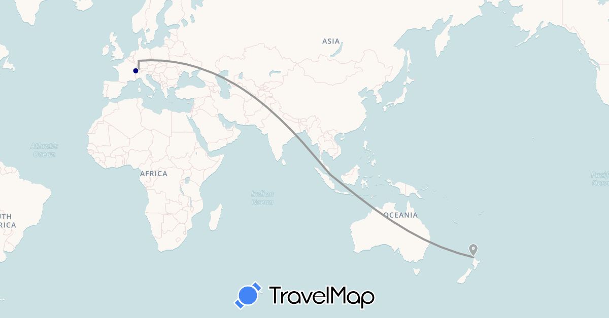 TravelMap itinerary: driving, plane in Switzerland, Germany, New Zealand, Singapore (Asia, Europe, Oceania)